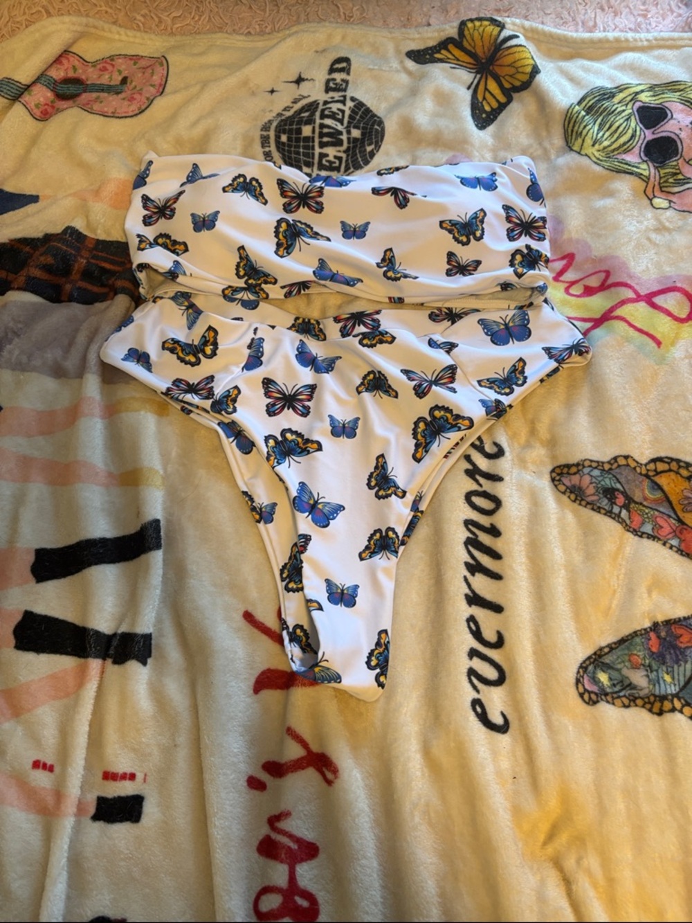 Amazon White Bandeau Bikini with Blue and Yellow Butterfly Print
